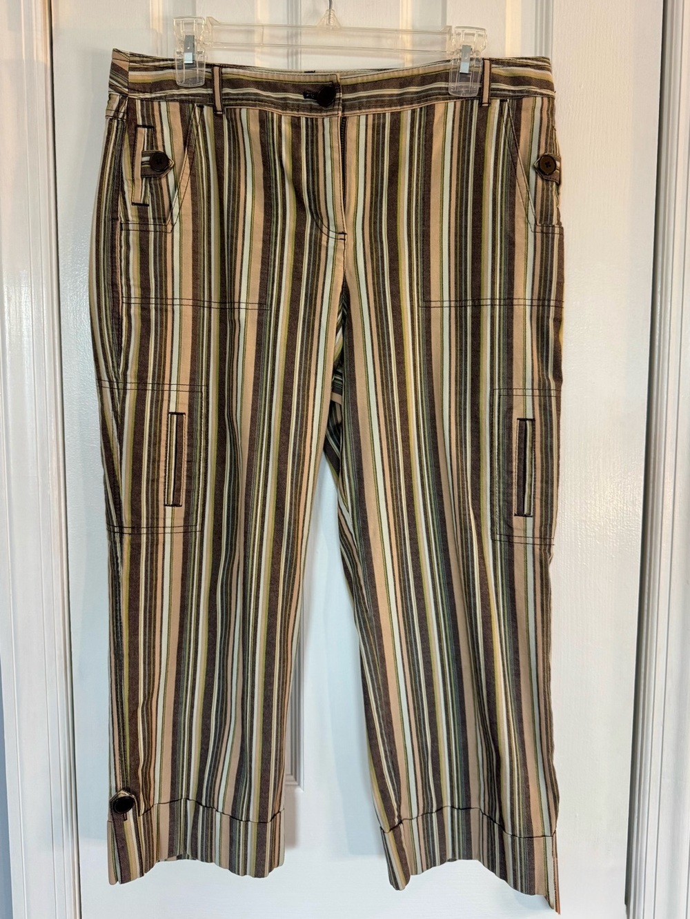 Ann Taylor Loft Striped Cuffed Ann Pants - Brown Beige Pale Blue Olive Size 10P